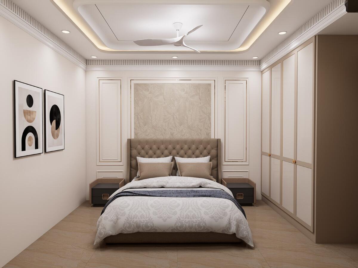 Kedar Enclave bedroom with panelled walls and built-in wardrobes